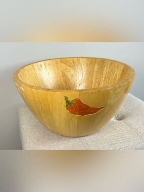 Clay Art Hand Painted Wood Salad Bowl With Chili Pepper Design Vintage 1999
